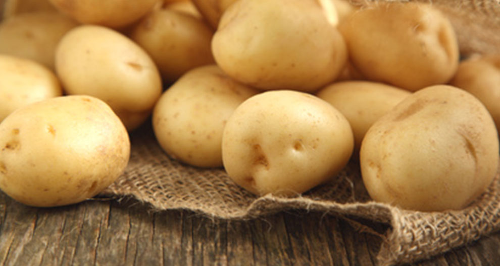 A group of potatoes rests on a rustic wooden surface.