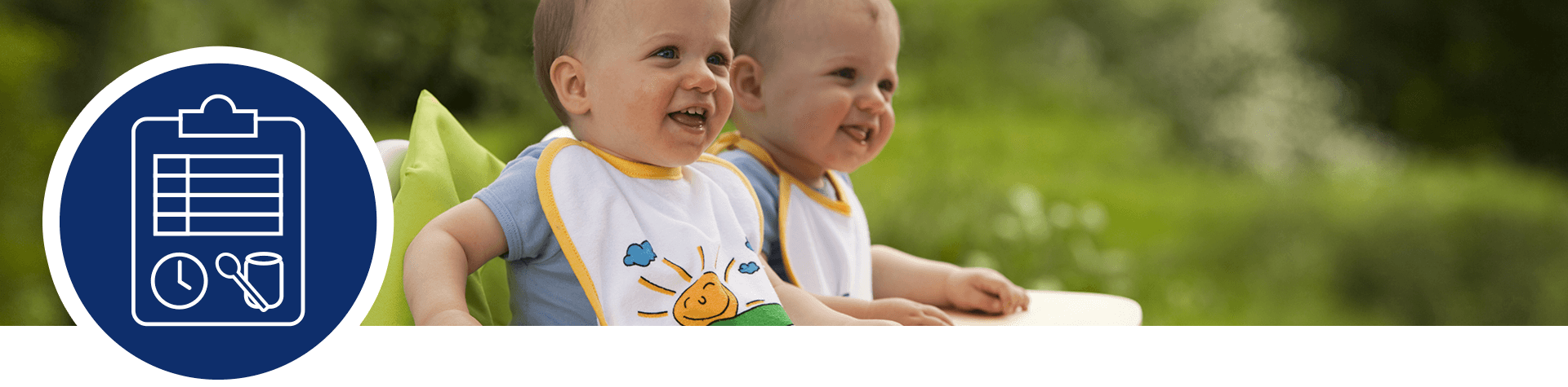 Two babies sit outdoors, one in a green chair, with a blue icon of a clipboard to the left.