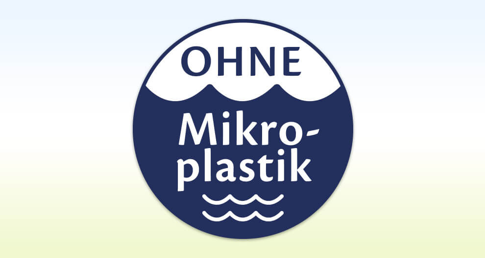 A blue and white circular label with the text "ohne mikroplastik" in white letters, indicating that the product is free from microplastics.