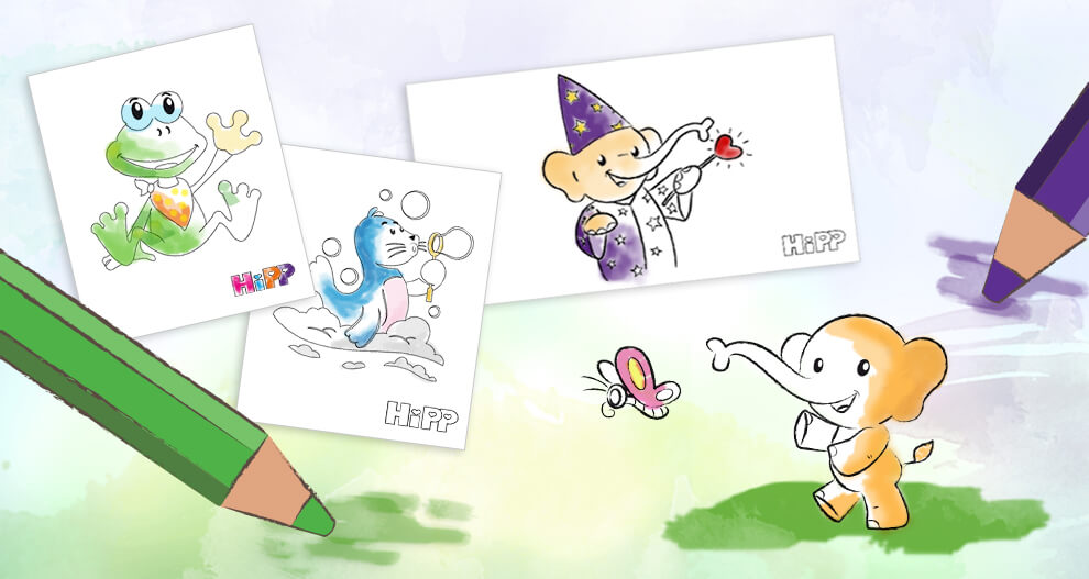 Three illustrated cards featuring a frog, a seal, and an elephant, each with the word “HiPP” written beneath them, are placed on a surface surrounded by colored pencils.