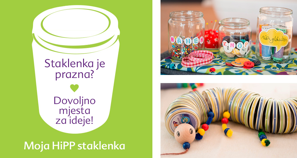 Zeleni promotivni plakat s grafikom bijele staklenke, popraćen trima slikama staklenki koje sadrže pribor za šivanje i ručno izrađenu igračku od recikliranih materijala.